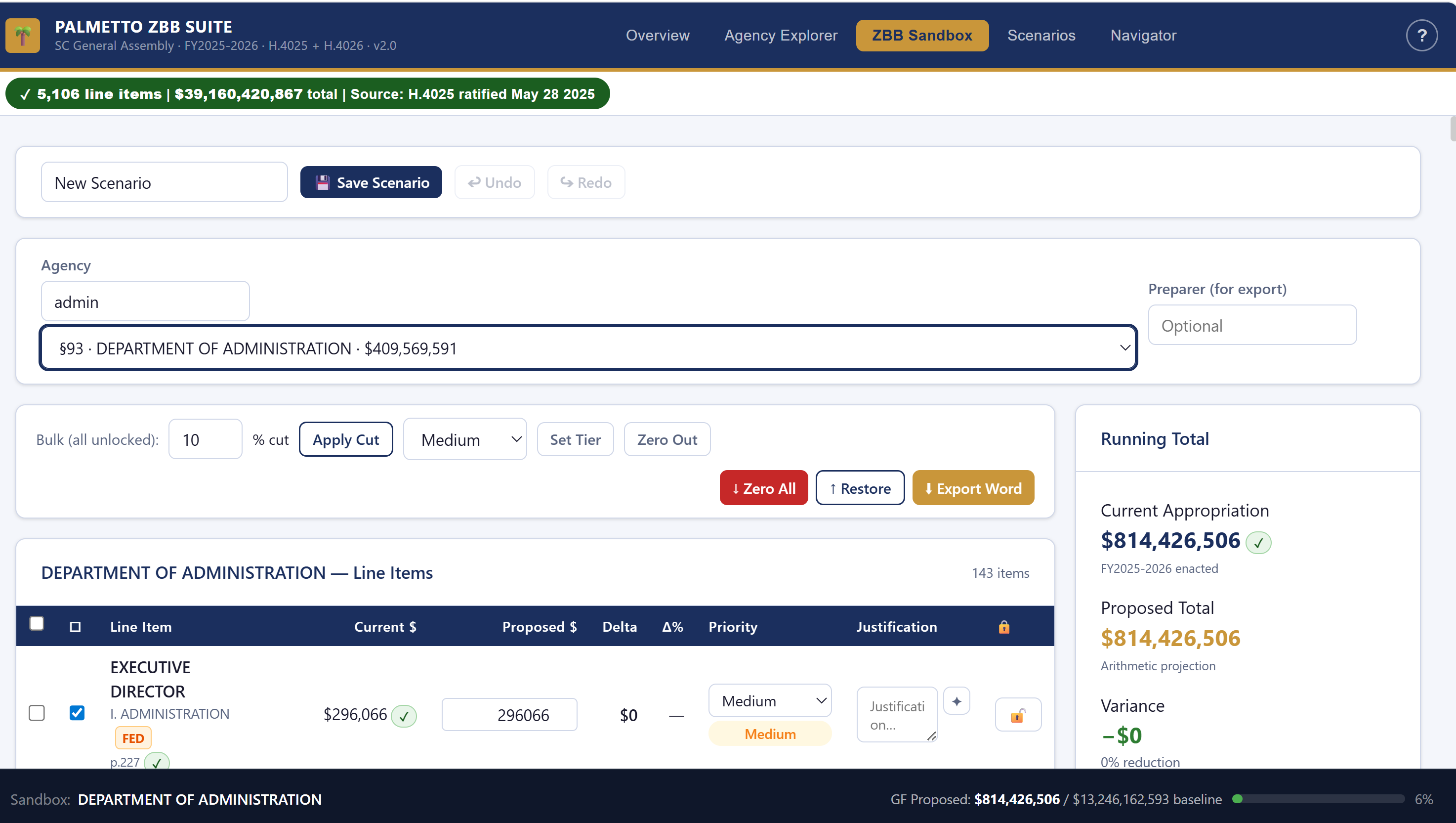 ZBB Sandbox tab with Department of Administration loaded — full line items table showing original H.4025 amounts, bulk operation toolbar, priority tier selectors, and ✦ Suggest buttons on each row