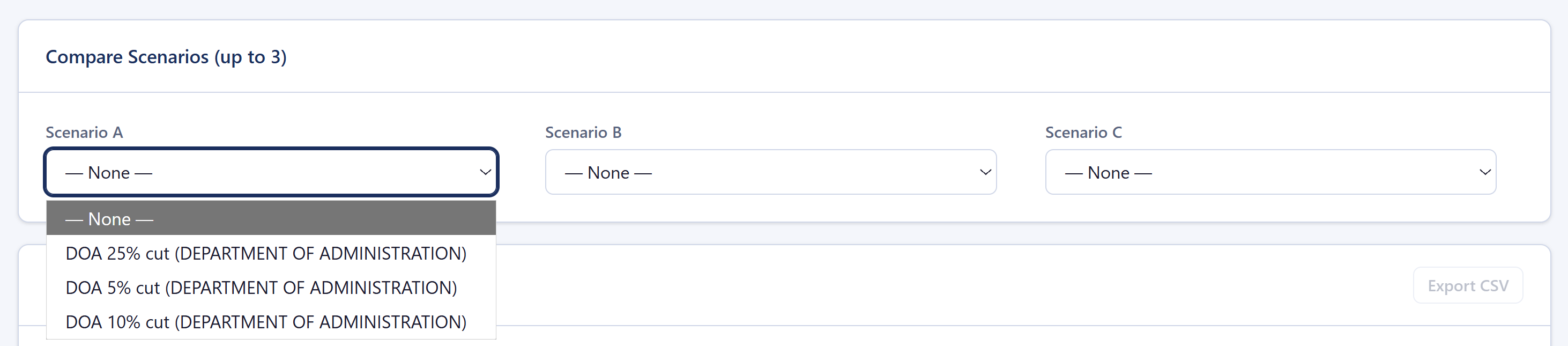 Scenarios tab showing the scenario A/B/C selector dropdowns — Scenario C populated with 'DOA — Conservative 5% Trim'; A and B selectors visible for additional scenario selection
