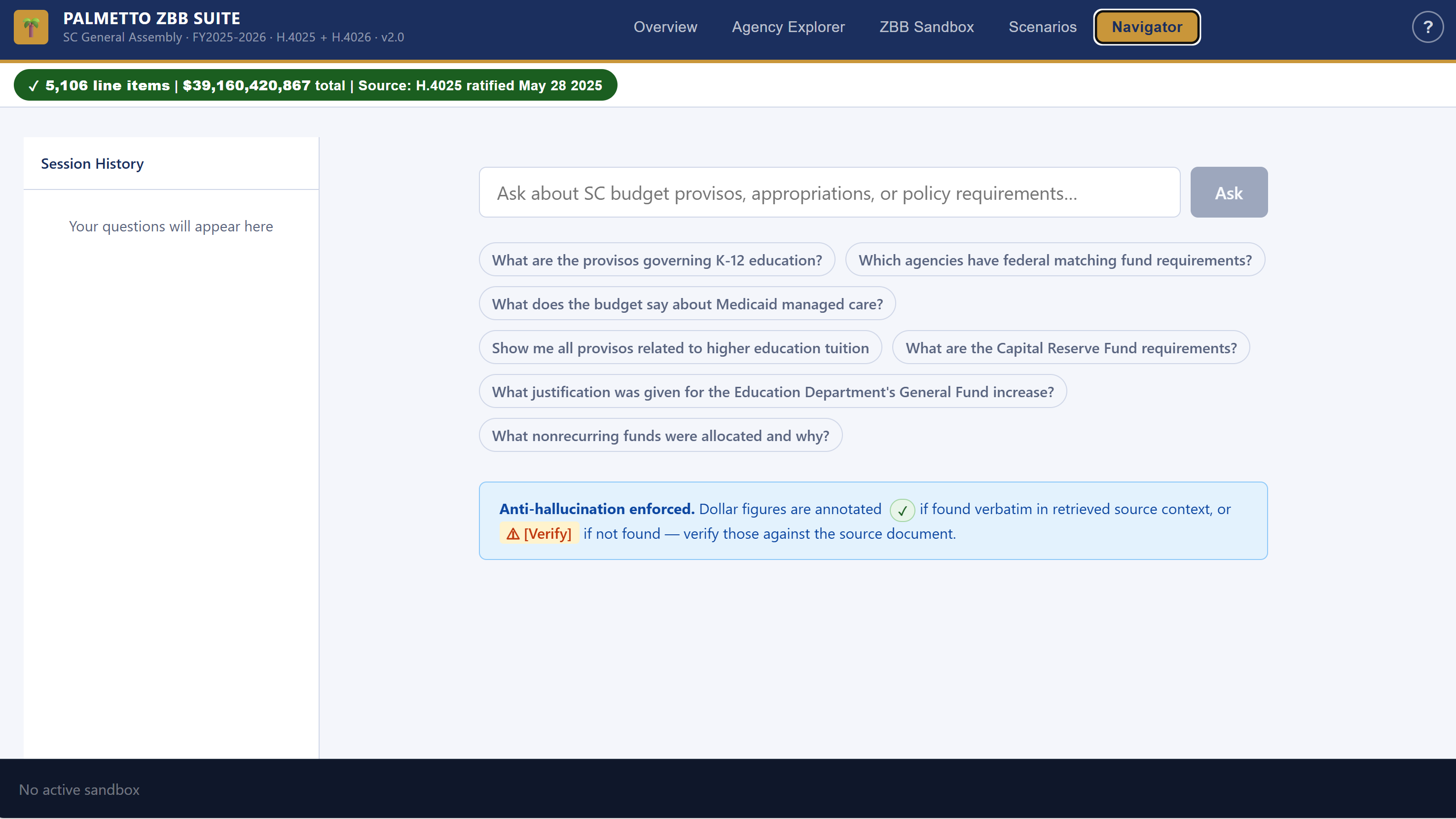 Navigator tab showing the question input field with example question chips below it suggesting common query types