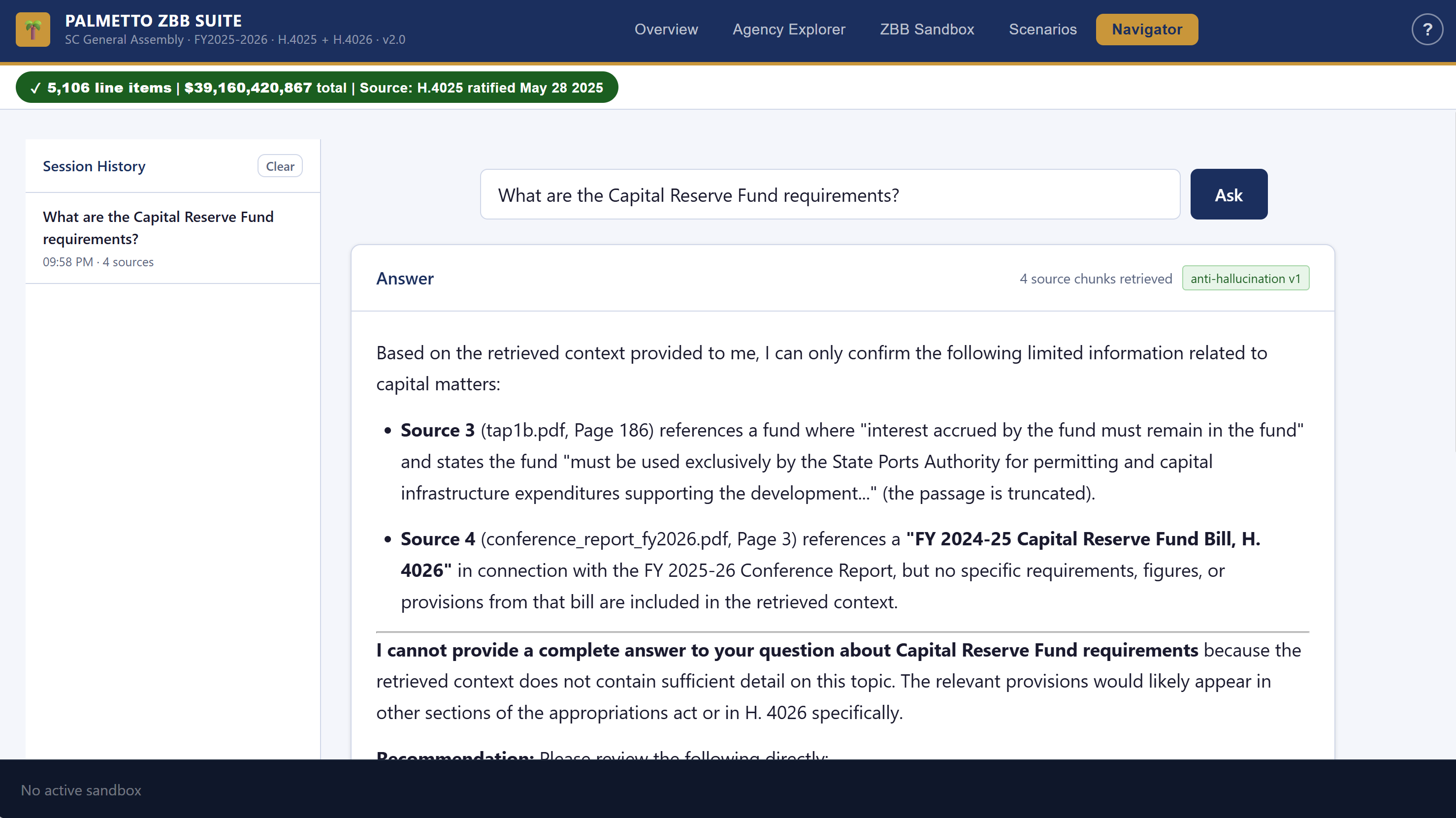 Navigator tab showing an annotated AI answer with green checkmark verified markers on verbatim proviso citations and source references from tap1b.pdf and the Conference Report