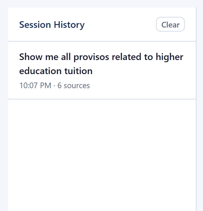 Navigator left panel showing a populated question history list with multiple past questions, each clickable to reload the associated answer